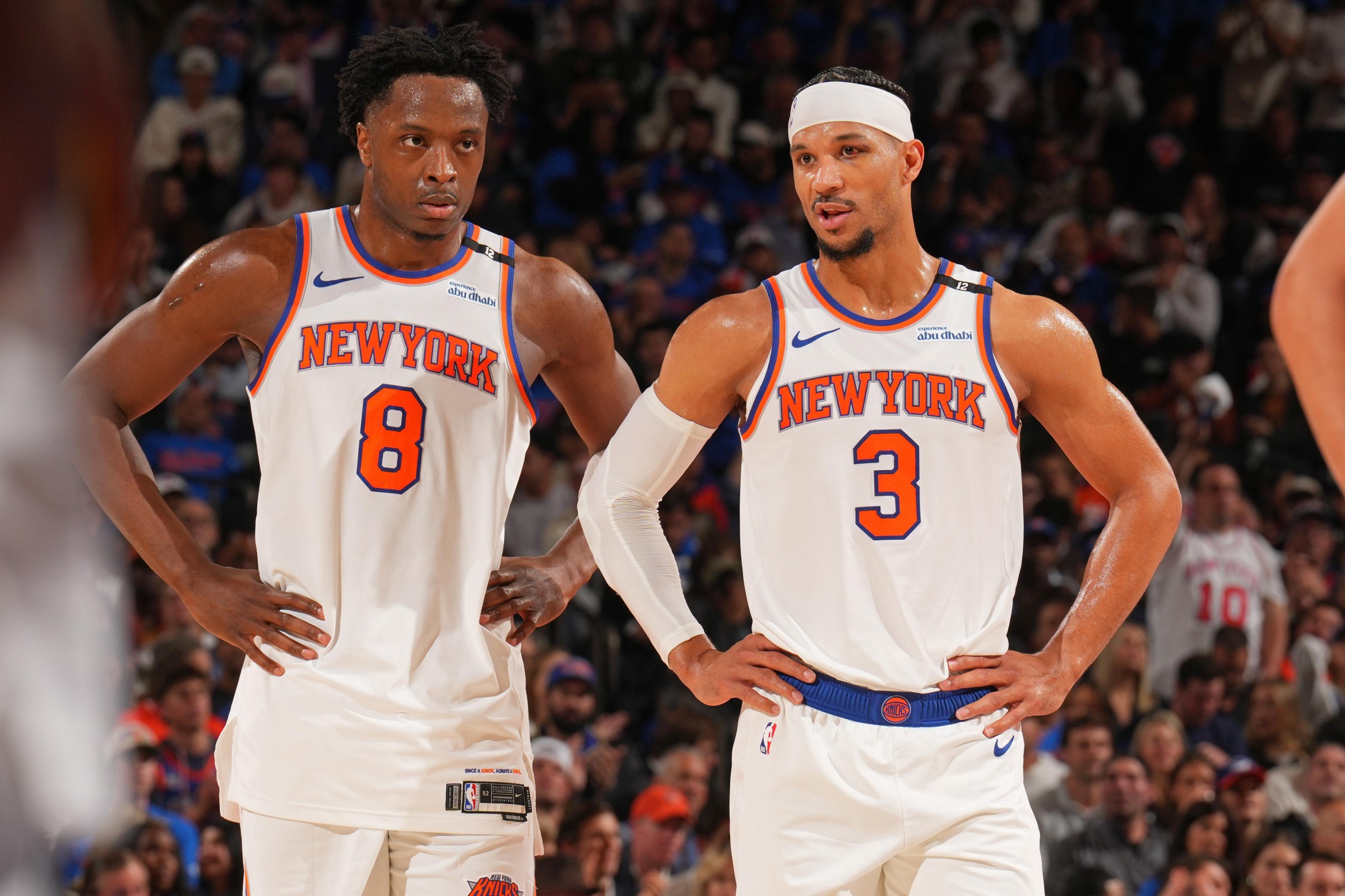 NEW YORK, NY - MAY 21: OG Anunoby #8 and Josh Hart #3 of the New York Knicks look on during the game against the Indiana Pacers during Game 1 of the 2025 Eastern Conference Finals on May 21, 2025 at Madison Square Garden in New York City, New York. NOTE TO USER: User expressly acknowledges and agrees that, by downloading and or using this photograph, User is consenting to the terms and conditions of the Getty Images License Agreement. Mandatory Copyright Notice: Copyright 2025 NBAE (Photo by Jesse D. Garrabrant/NBAE via Getty Images)