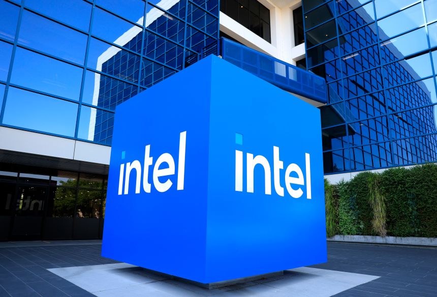 The Intel logo is displayed on a sign in front of Intel headquarters on July 16, 2025, in Santa Clara, California.