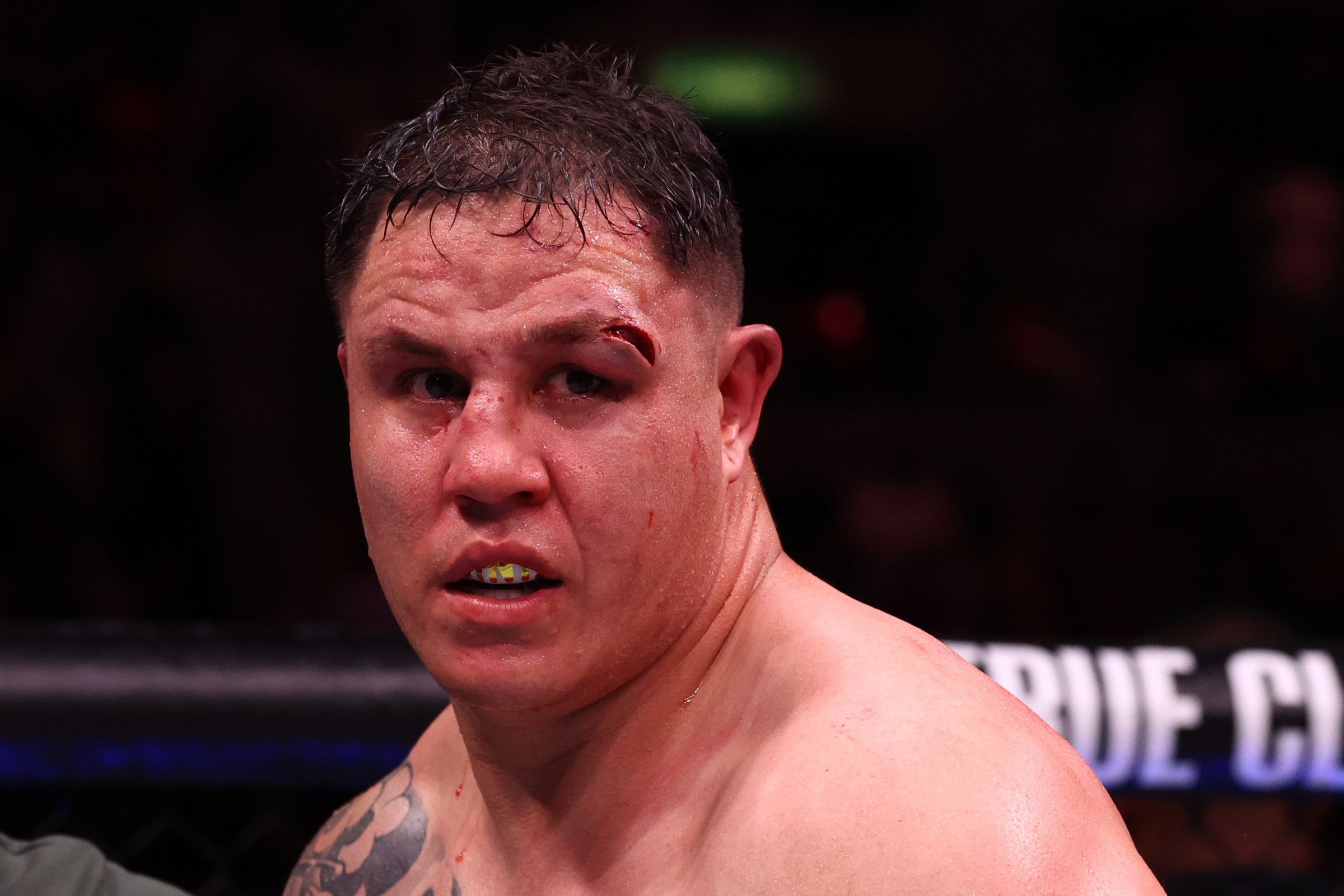 RIO DE JANEIRO, BRAZIL - OCTOBER 11: Jhonata Diniz of Brazil reacts after a TKO loss against Mario Pinto of Portugal in a heavyweight fight during the UFC Fight Night event at Farmasi Arena on October 11, 2025 in Rio de Janeiro, Brazil. (Photo by Ed Mulholland/Zuffa LLC)