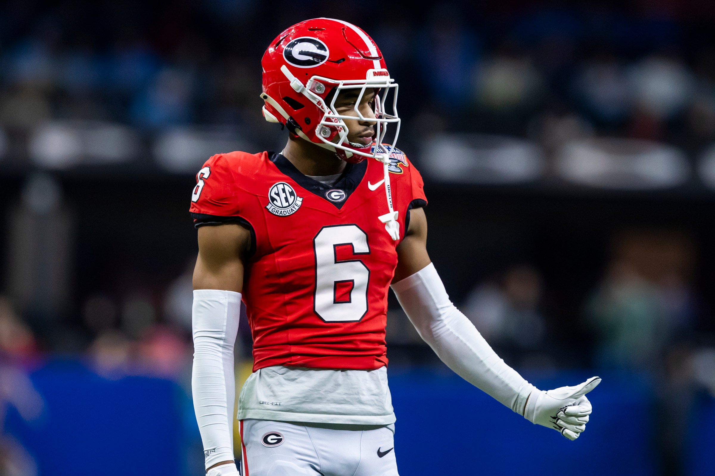 NEW ORLEANS, LA - JANUARY 01: DB Daylen Everette #6 of the Georgia Bulldogs signals during the College Football Playoff Quarterfinal game between the Ole Miss Rebels and the Georgia Bulldogs on Thursday January 1, 2026 at the Caesars Superdome in New Orleans, LA. (Photo by Nick Tre. Smith/Icon Sportswire via Getty Images)