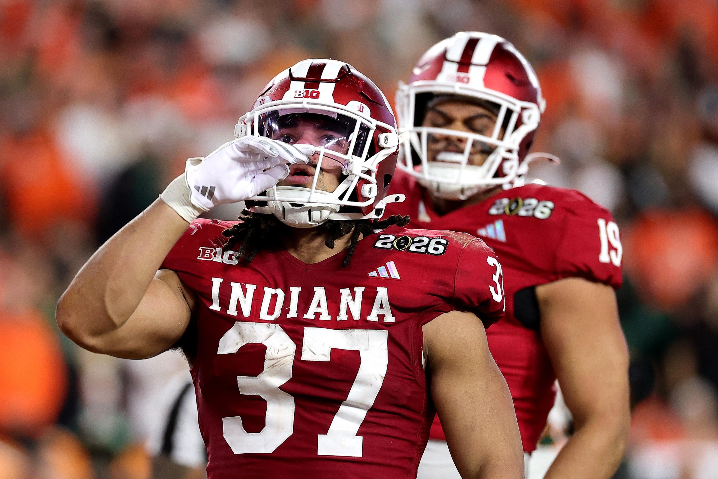 MIAMI GARDENS, FLORIDA - JANUARY 19: Riley Nowakowski #37 of the Indiana Hoosiers reacts after scoring a second quarter touchdown against the Miami Hurricanes in the 2026 College Football Playoff National Championship at Hard Rock Stadium on January 19, 2026 in Miami Gardens, Florida. (Photo by Alex Slitz/Getty Images)