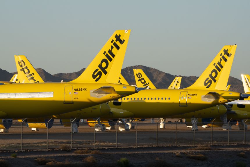 Spirit Airlines planes sit parked at the Phoenix Goodyear Airport on May 8, 2026, in Arizona. The budget airline ceased all operations on May 2, 2026.