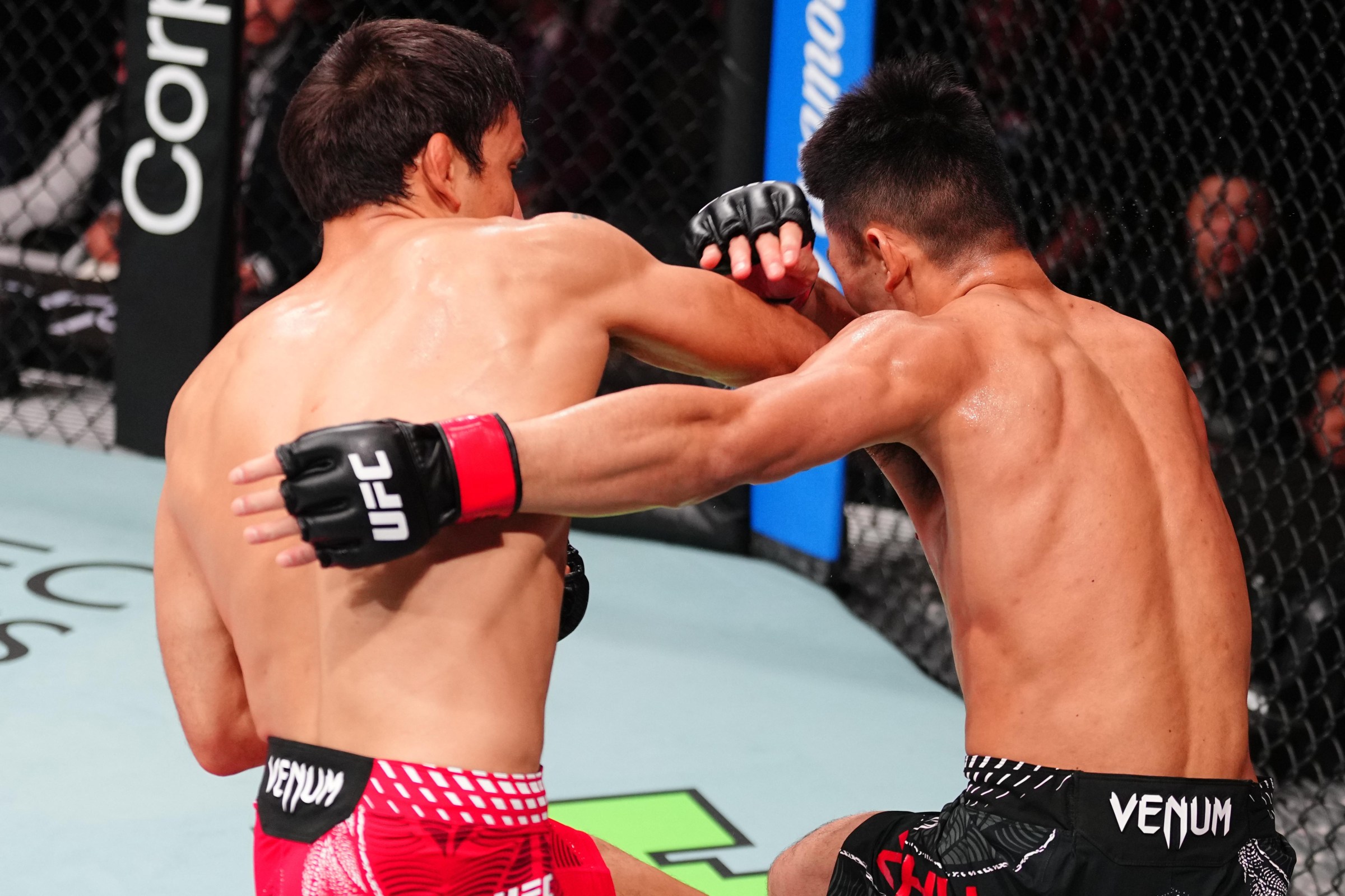 MACAU, CHINA - MAY 30: (L-R) Rodrigo Vera of Peru punches Zhu Kangjie of China in a featherweight fight during the UFC Fight Night event at Galaxy Arena on May 30, 2026 in Macau, China. (Photo by Jeff Bottari/Zuffa LLC)