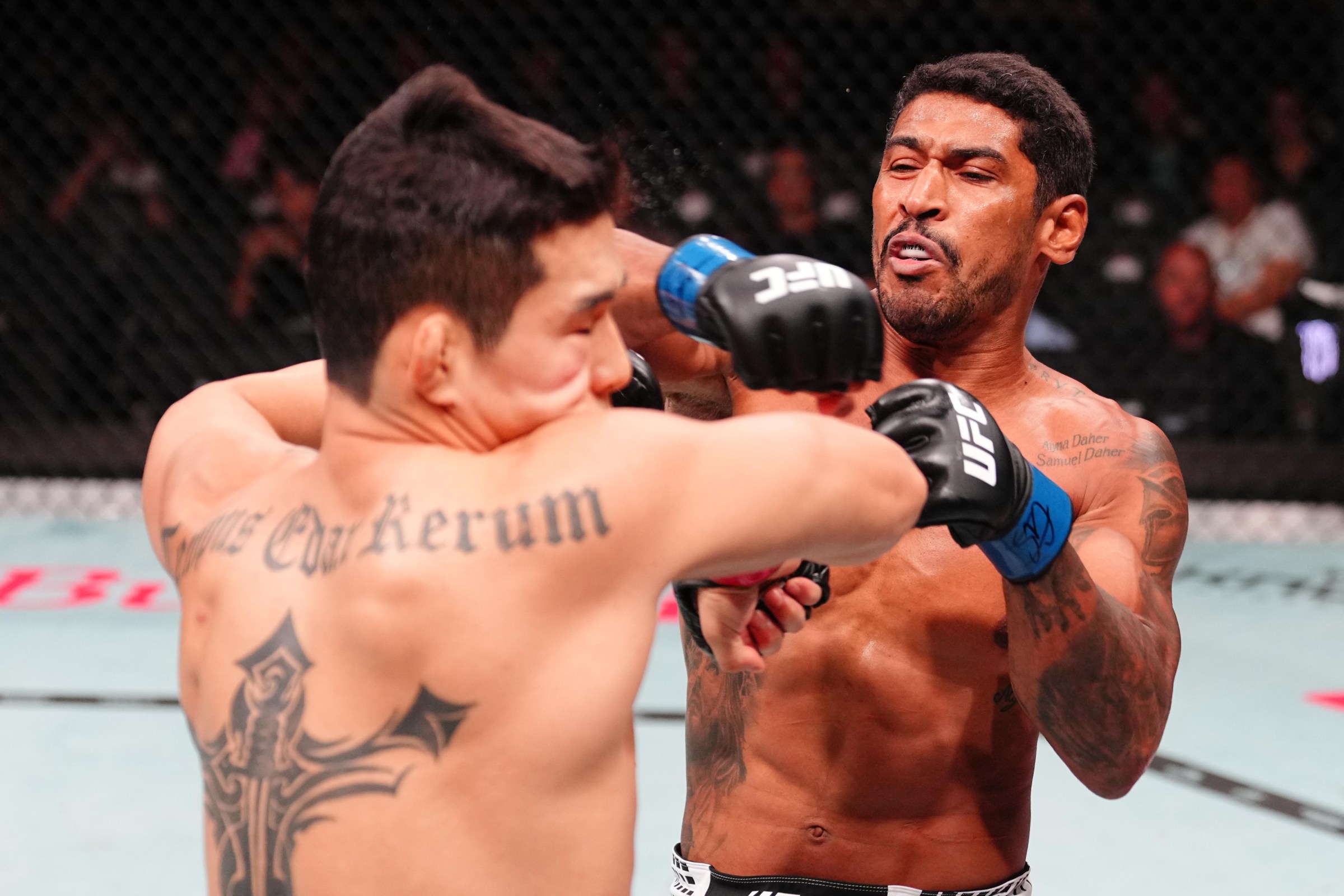 MACAU, CHINA - MAY 30: (R-L) Luis Felipe Dias of Brazil punches YiSak Lee of South Korea in a middleweight fight during the UFC Fight Night event at Galaxy Arena on May 30, 2026 in Macau, China. (Photo by Jeff Bottari/Zuffa LLC)