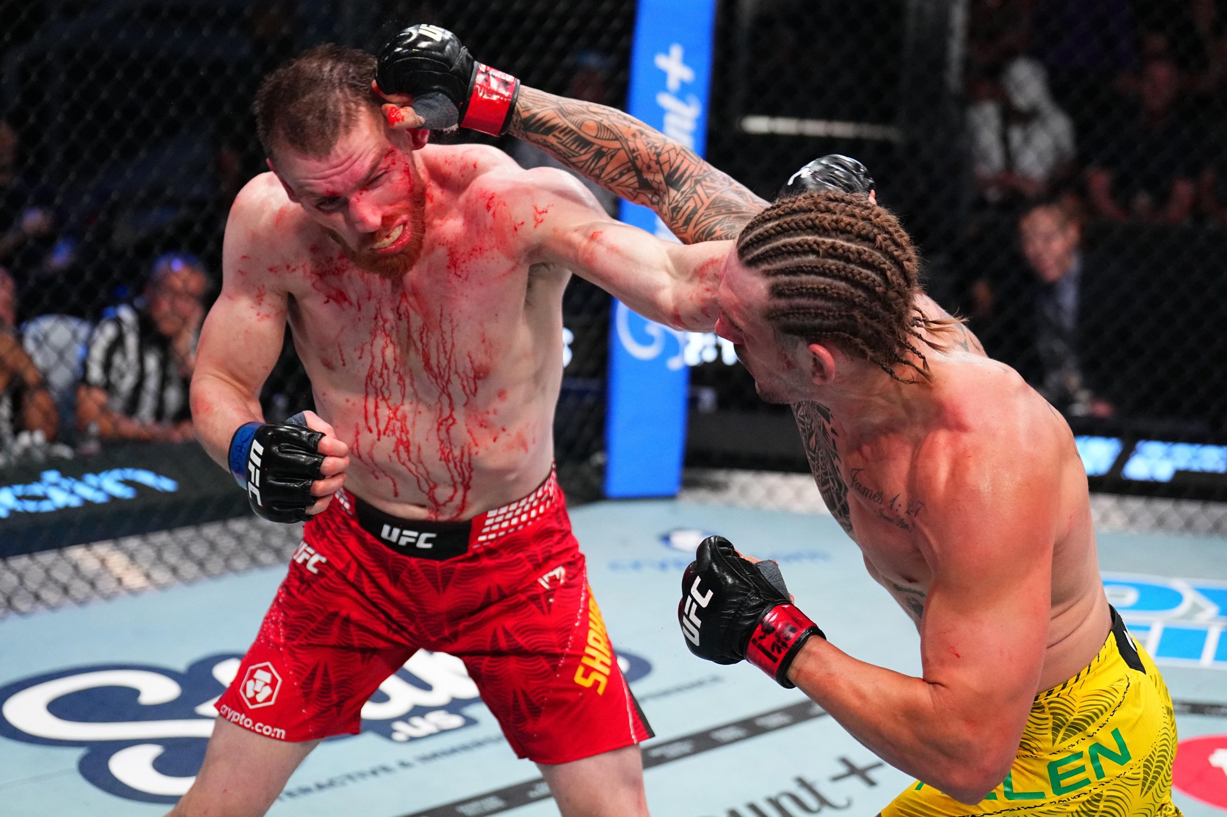 LAS VEGAS, NEVADA - JUNE 06: (R-L) Brendan Allen punches Edmen Shahbazyan in a middleweight fight during the UFC Fight Night event at Meta APEX on June 06, 2026 in Las Vegas, Nevada. (Photo by Chris Unger/Zuffa LLC)