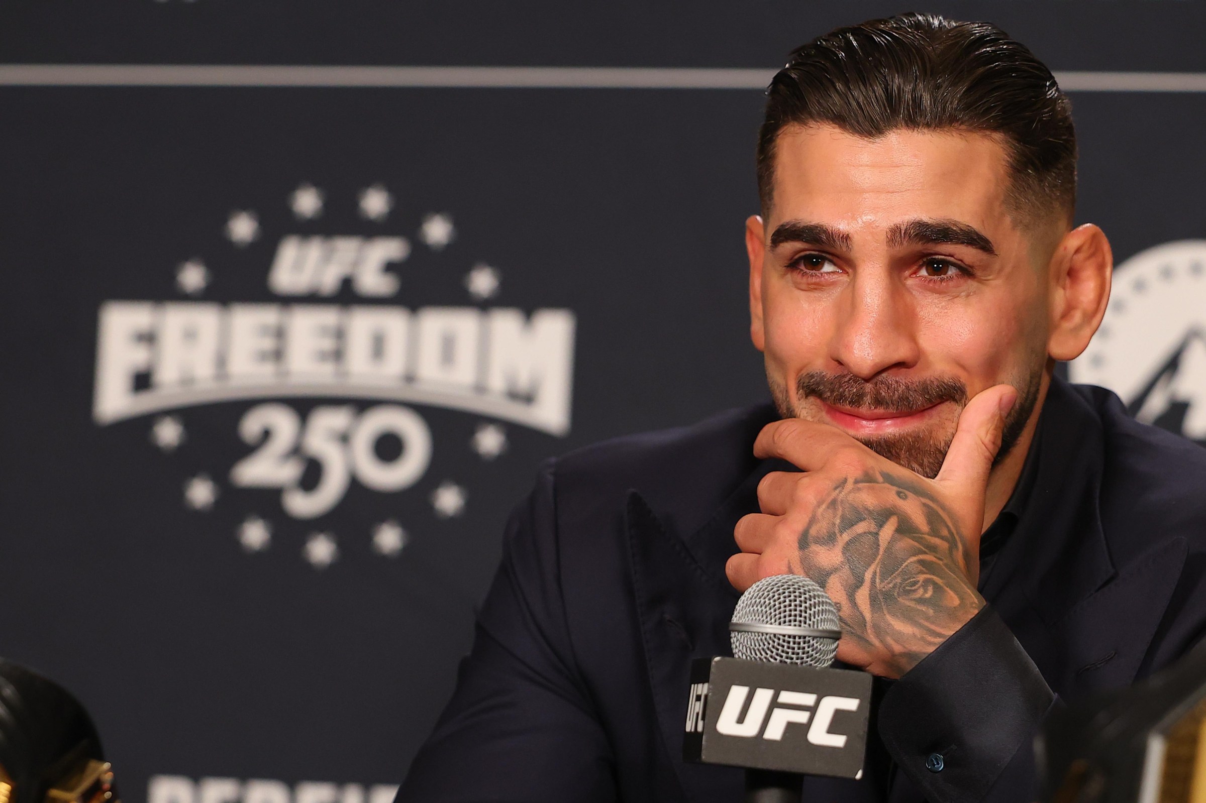 WASHINGTON, DC - JUNE 10: UFC featherweight champion Ilia Topuria speaks at the UFC Freedom 250 media day at JW Marriott Washington DC on June 10, 2026 in Washington, DC. (Photo by Ed Mulholland/Zuffa LLC)