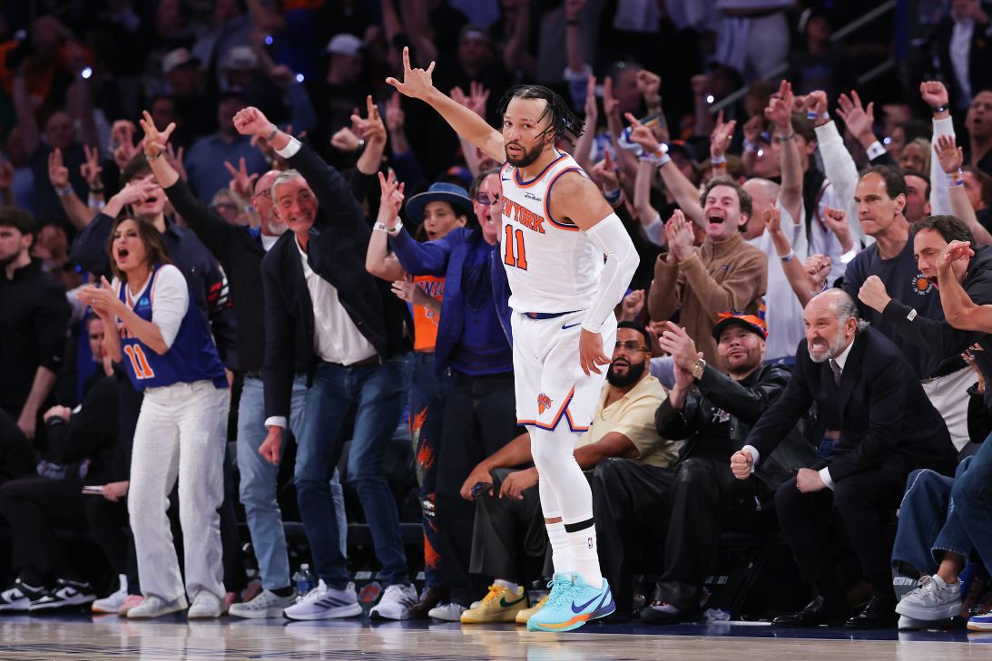 Jalen Brunson #11 of the New York Knicks celebrates a three pointer during the second quarter against the San Antonio Spurs in Game Three of the 2026 NBA Finals at Madison Square Garden on Wednesday in New York City.