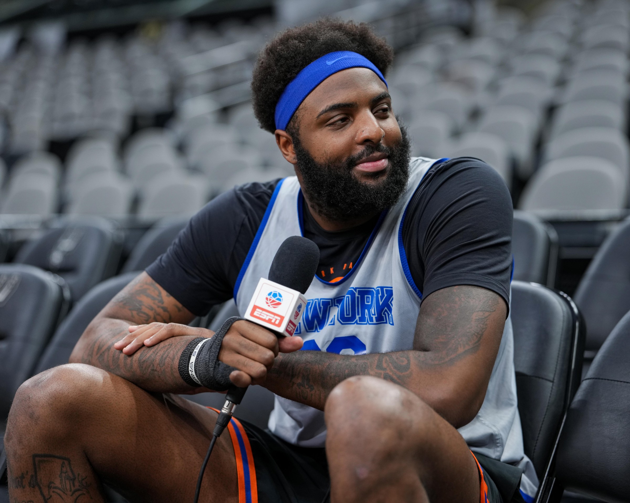 SAN ANTONIO, TX - JUNE 12: Mitchell Robinson #23 of the New York Knicks talks to media during 2026 NBA Finals Practice and Media Availability on June 12, 2026 at Frost Bank Center in San Antonio, Texas. NOTE TO USER: User expressly acknowledges and agrees that, by downloading and or using this photograph, User is consenting to the terms and conditions of the Getty Images License Agreement. Mandatory Copyright Notice: Copyright 2026 NBAE(Photo by Ryan Stetz/NBAE via Getty Images)