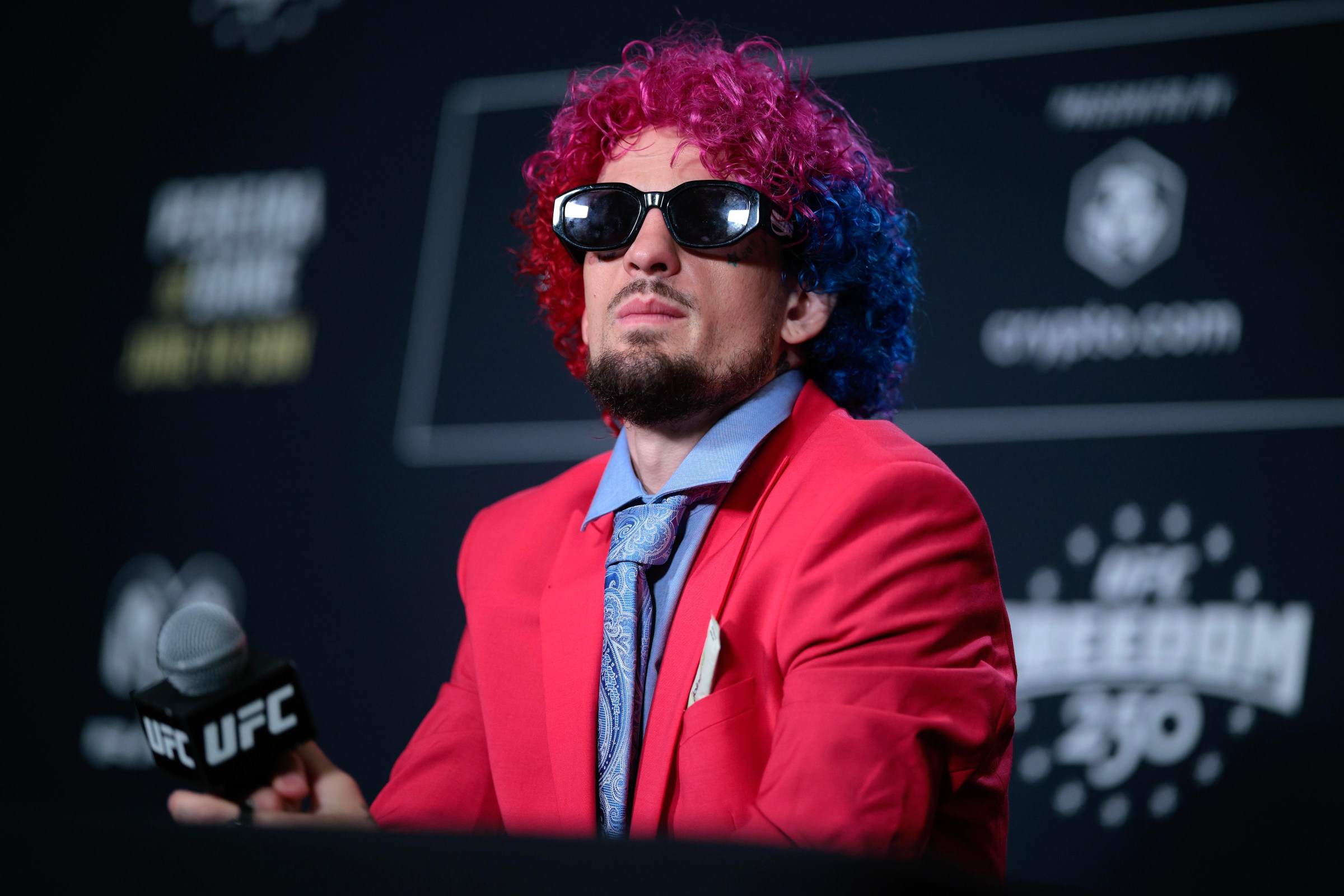 WASHINGTON, DC - JUNE 10: No. 3 UFC bantamweight fighter Sean O’Malley talks to reporters during the UFC Freedom 250 Media Day at the JW Marriott Hotel on June 10, 2026 in Washington, DC. Organized by the Ultimate Fighting Championship (UFC) -- the world’s largest professional mixed martial arts promotion company -- the event is being hosted by U.S. President Donald Trump on his birthday and will take place on the White House’s South Lawn on June 14. (Photo by Chip Somodevilla/Getty Images)