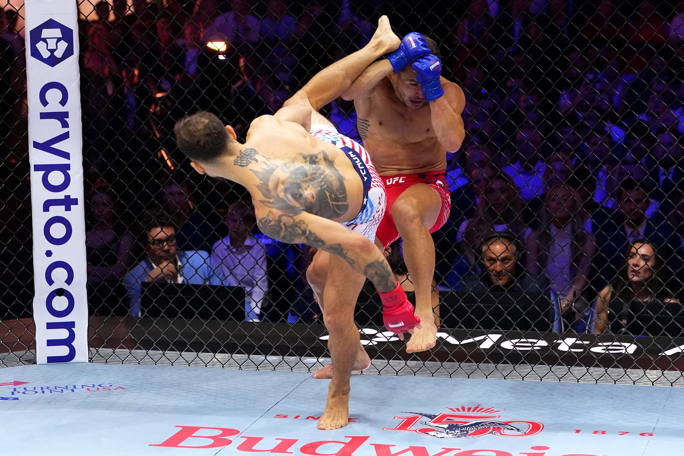 WASHINGTON, DC - JUNE 14: (L-R) Mauricio Ruffy of Brazil strikes Michael Chandler in a lightweight fight during the UFC Freedom 250 event on the South Lawn at the White House on June 14, 2026 in Washington, DC. (Photo by Jeff Bottari/Zuffa LLC)