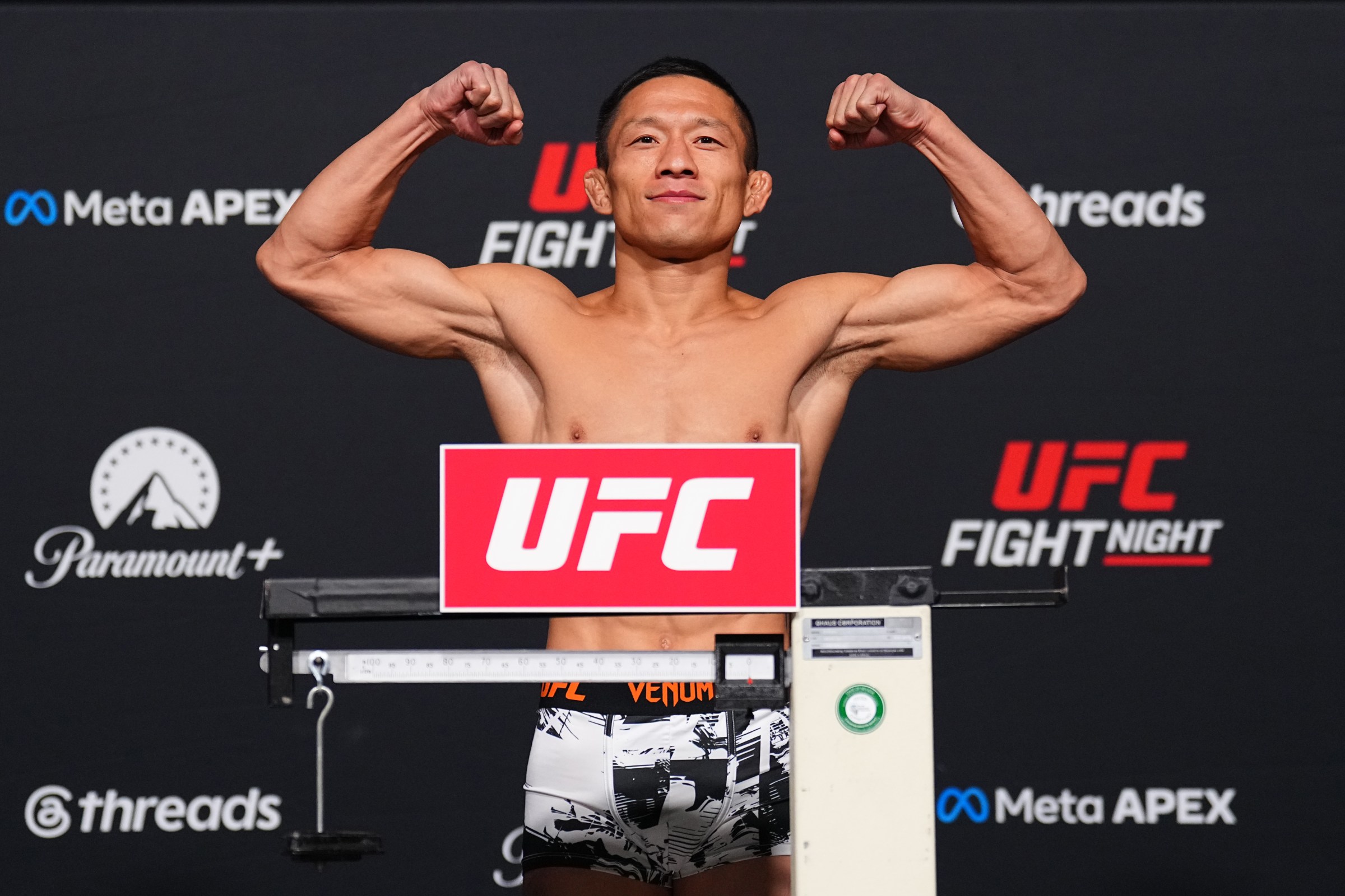 LAS VEGAS, NEVADA - JUNE 19: Kyoji Horiguchi of Japan poses on the scale during the UFC Fight Night official weigh-ins at Meta APEX on June 19, 2026 in Las Vegas, Nevada. (Photo by Chris Unger/Zuffa LLC)