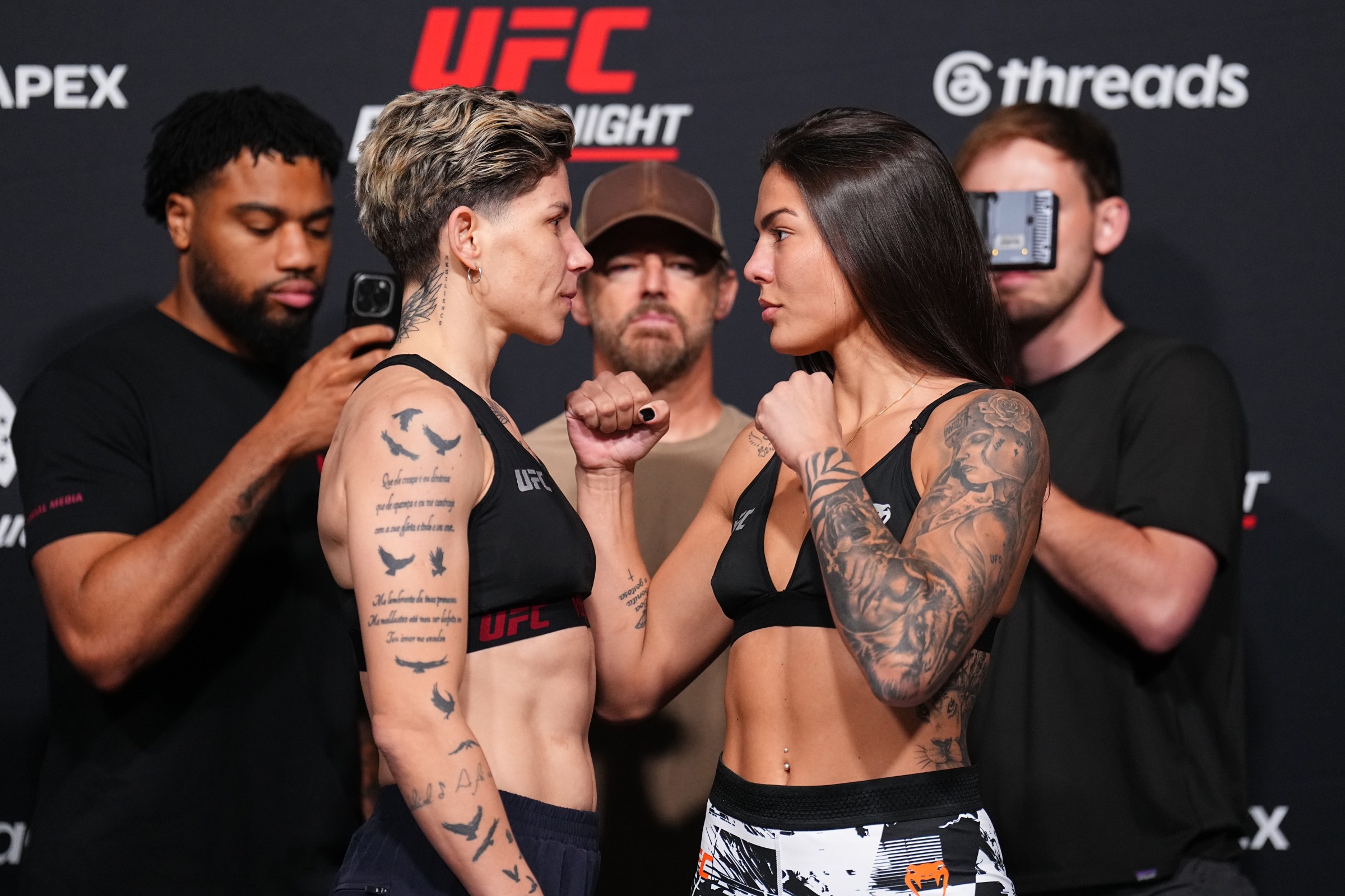 LAS VEGAS, NEVADA - JUNE 19: (L-R) Karol Rosa of Brazil and Luana Santos of Brazil face off during the UFC Fight Night official weigh-ins at Meta APEX on June 19, 2026 in Las Vegas, Nevada. (Photo by Chris Unger/Zuffa LLC)