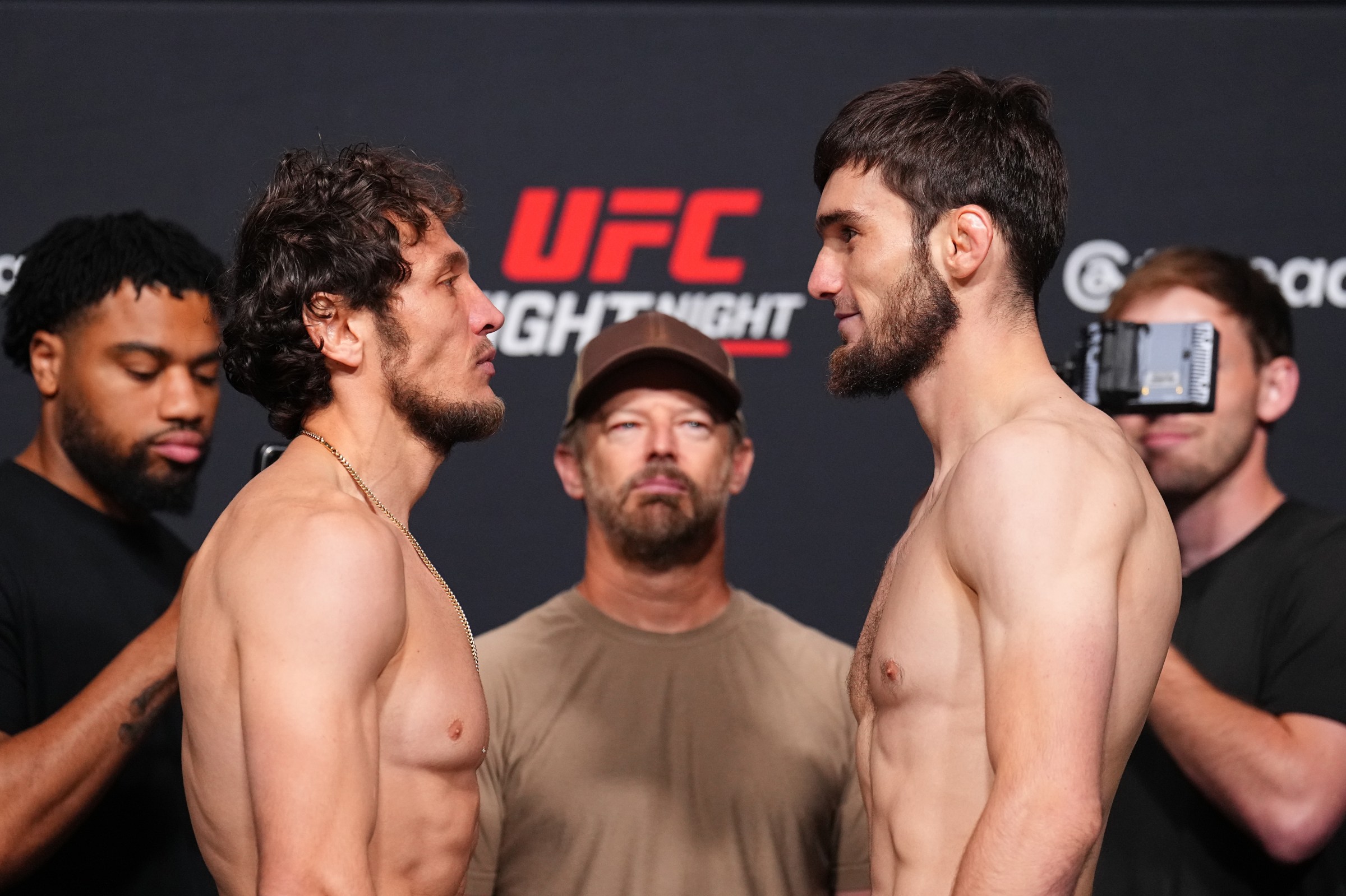 LAS VEGAS, NEVADA - JUNE 19: (L-R) Melsik Baghdasaryan of Armenia and Murtazali Magomedov of Kyrgyzstan face off during the UFC Fight Night official weigh-ins at Meta APEX on June 19, 2026 in Las Vegas, Nevada. (Photo by Chris Unger/Zuffa LLC)