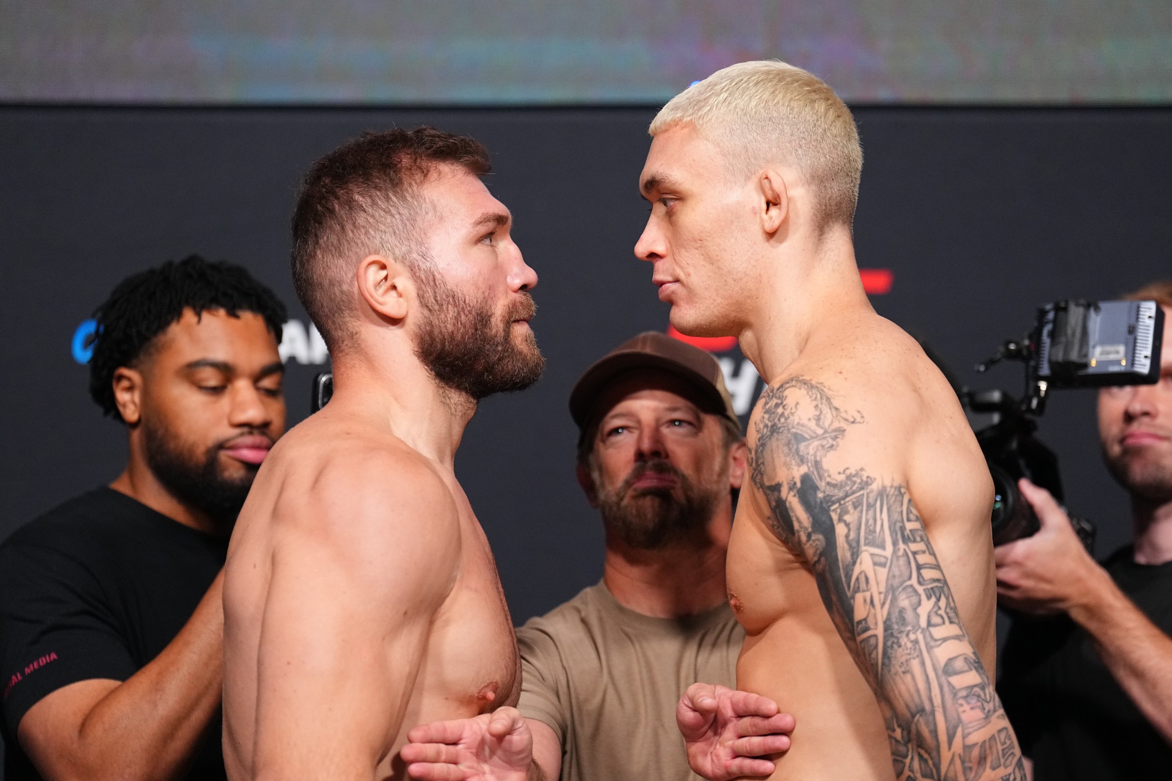 LAS VEGAS, NEVADA - JUNE 19: (L-R) Ion Cutelaba of Moldova and Navajo Stirling of New Zealand face off during the UFC Fight Night official weigh-ins at Meta APEX on June 19, 2026 in Las Vegas, Nevada. (Photo by Chris Unger/Zuffa LLC)