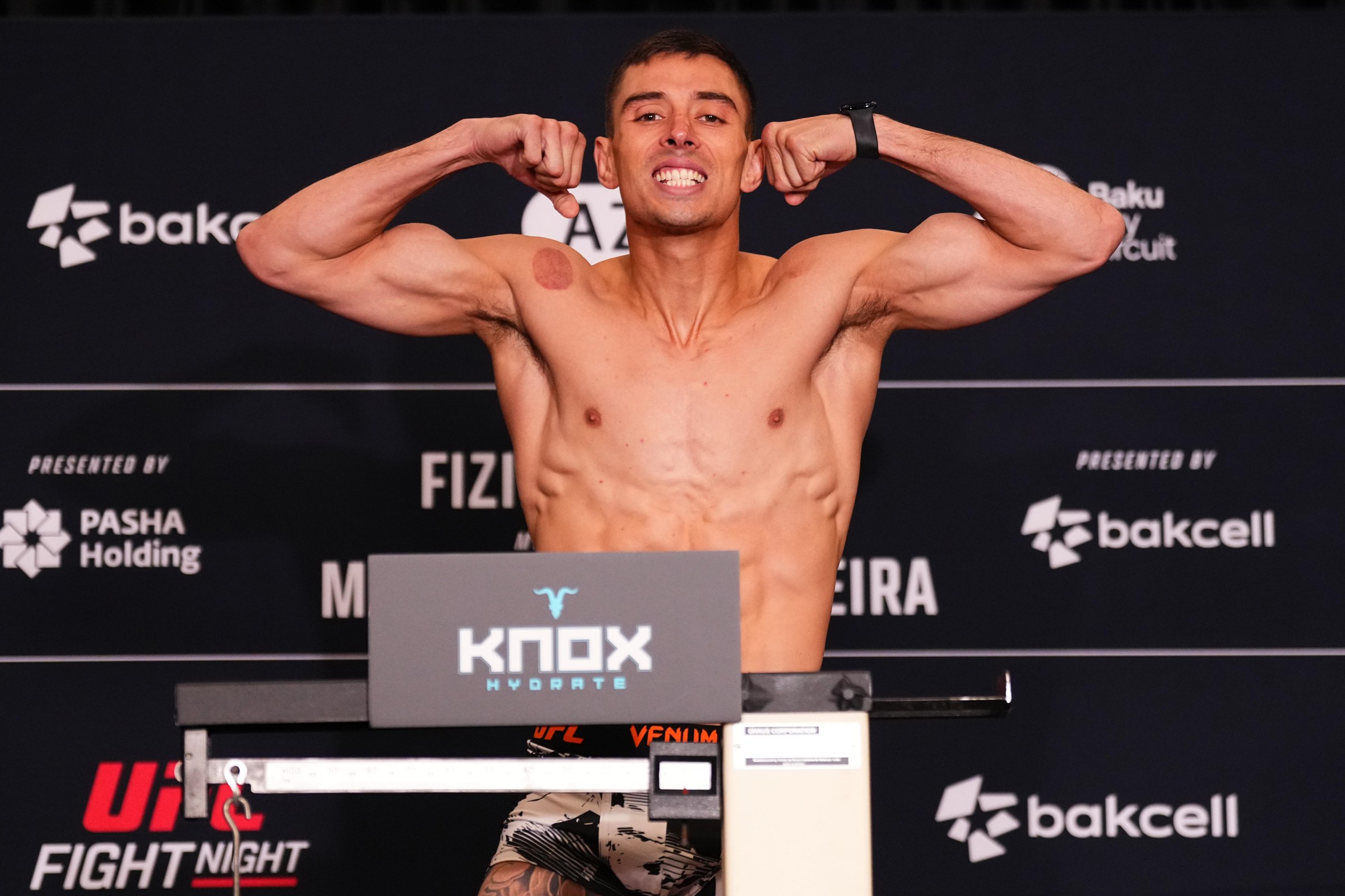 BAKU, AZERBAIJAN - JUNE 26: Manuel Torres of Mexico poses on the scale during the UFC Fight Night official weigh-in at the Hilton Baku on June 26, 2026 in Baku, Azerbaijan. (Photo by Jeff Bottari/Zuffa LLC)