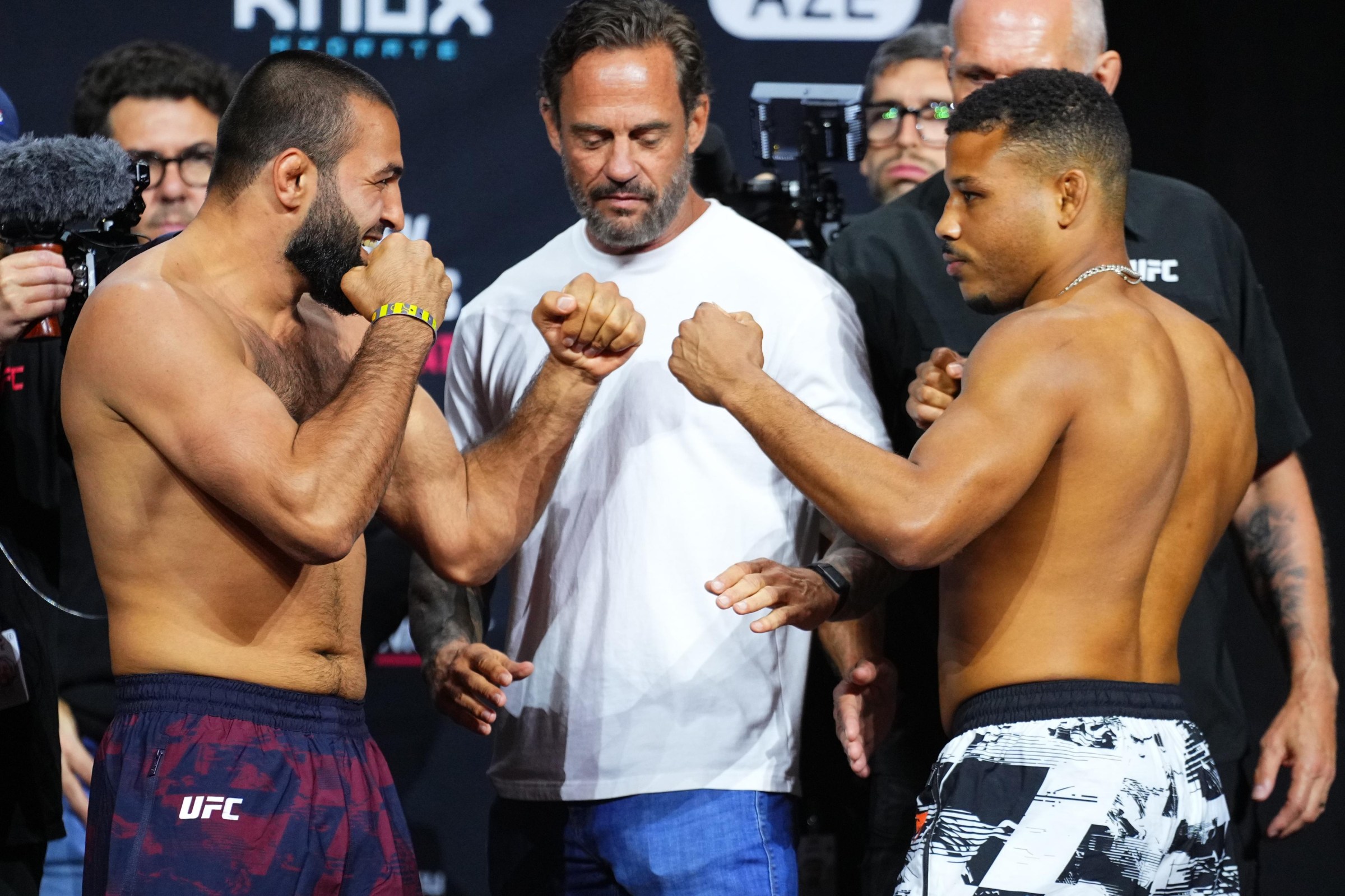 BAKU, AZERBAIJAN - JUNE 26: (L-R) Opponents Tahir Abdullayev of Azerbaijan and Jefferson Nascimento of Brazil face off during the UFC Fight Night ceremonial weigh-in at National Gymnastics Arena on June 26, 2026 in Baku, Azerbaijan. (Photo by Jeff Bottari/Zuffa LLC)