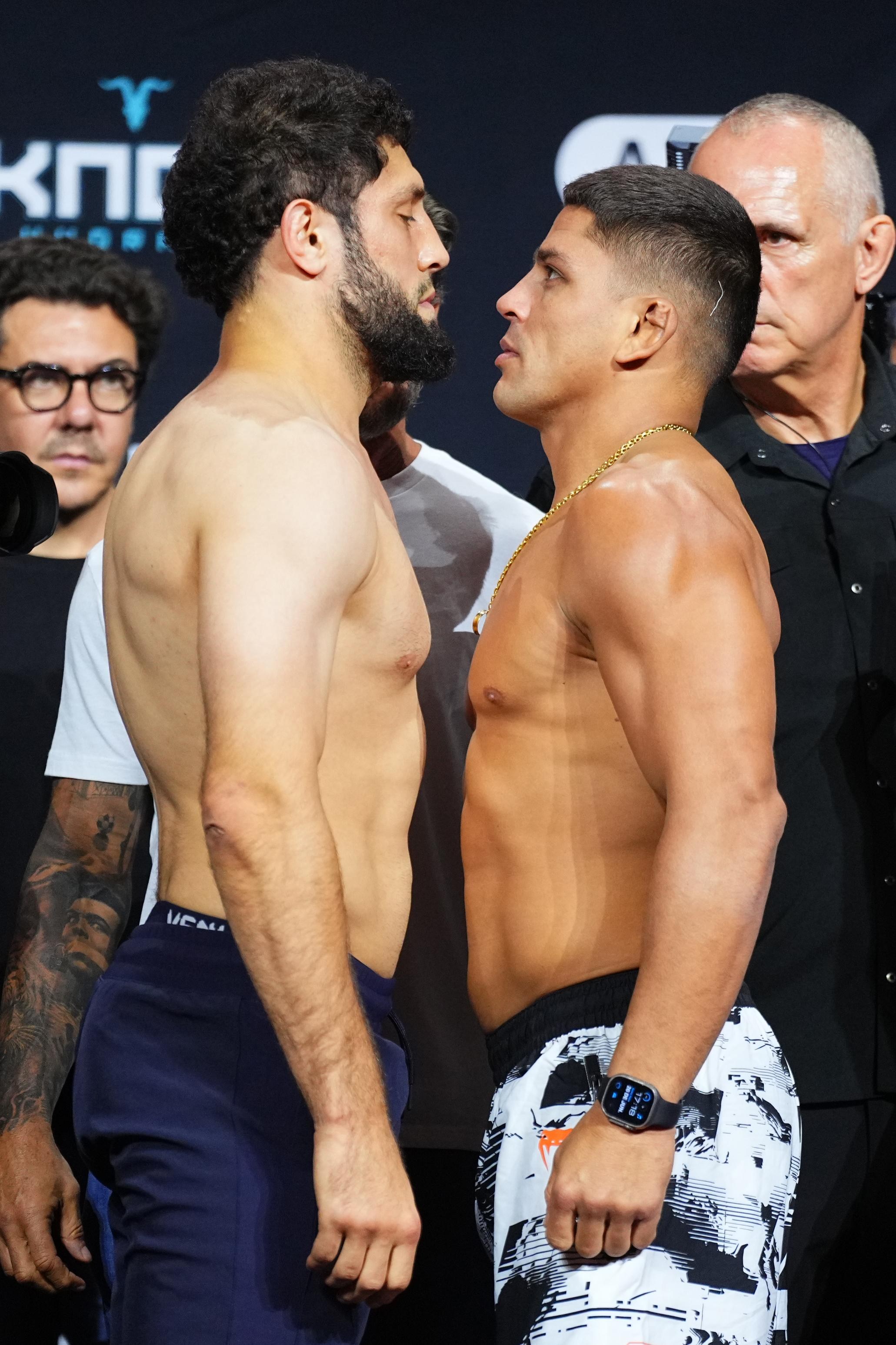 BAKU, AZERBAIJAN - JUNE 26: (L-R) Opponents Ikram Aliskerov of Russia and Brunno Ferreira of Brazil face off during the UFC Fight Night ceremonial weigh-in at National Gymnastics Arena on June 26, 2026 in Baku, Azerbaijan. (Photo by Jeff Bottari/Zuffa LLC)