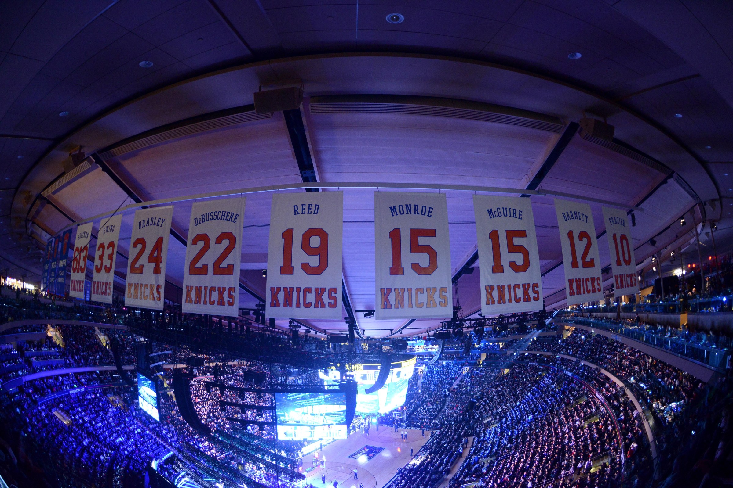 NEW YORK, NY - FEBRUARY 15: The New York Knicks retired number banners hang above the court during the 64th NBA All-Star Game presented by Kia as part of the 2015 NBA All-Star Weekend on February 15, 2015 at Madison Square Garden in New York, New York. NOTE TO USER: User expressly acknowledges and agrees that, by downloading and/or using this photograph, user is consenting to the terms and conditions of the Getty Images License Agreement. Mandatory Copyright Notice: Copyright 2015 NBAE (Photo by Noah Graham/NBAE via Getty Images)