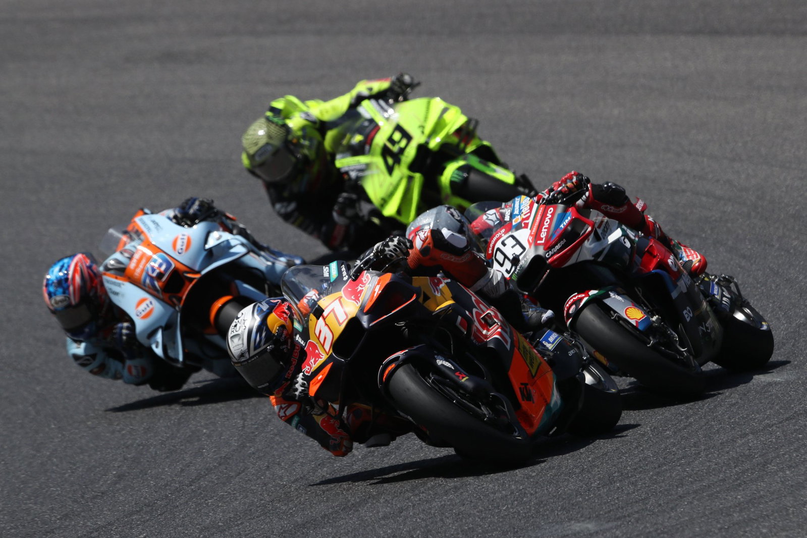 Pedro Acosta leads Marc Marquez, Ai Ogura, Fabio Di Giannantonio at 2026 MotoGP Italian Grand Prix. Credit: Gold and Goose.