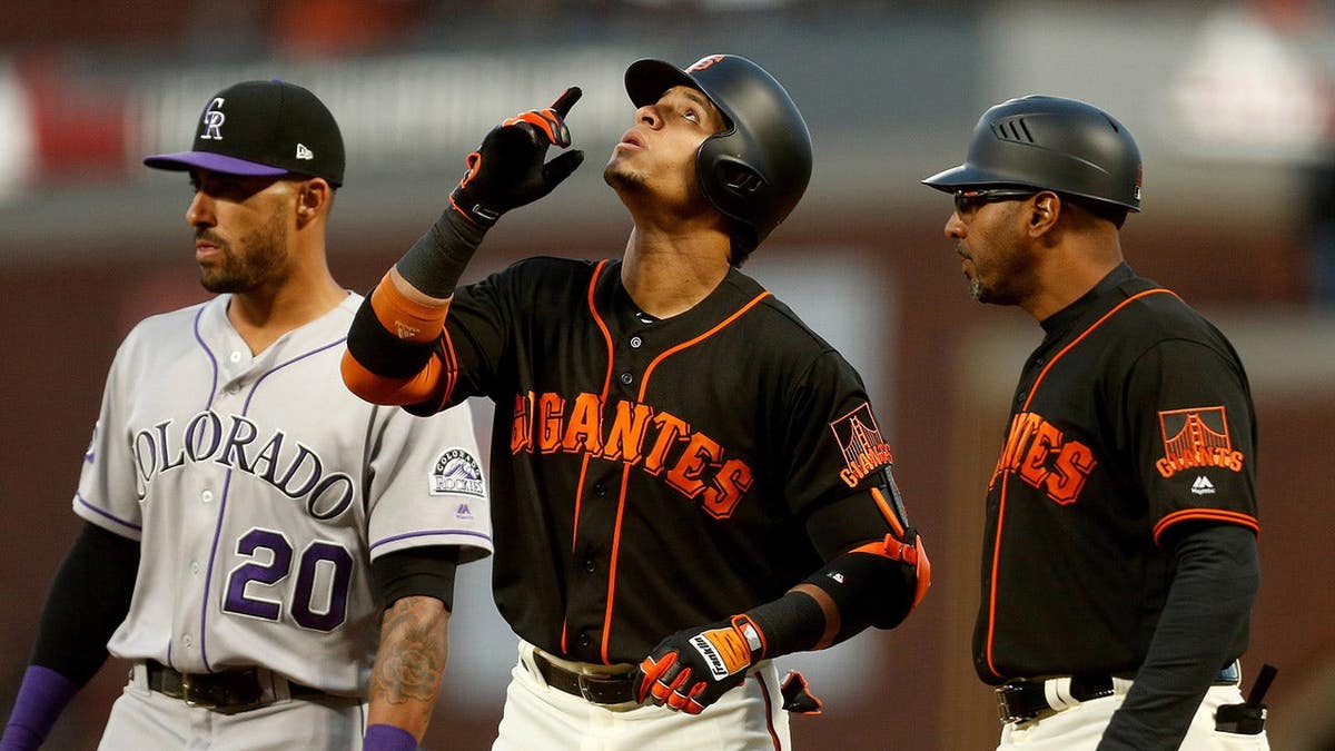 San Francisco Giants outfielder Gorkys Hernandez reacts after a base hit at AT&T Park.