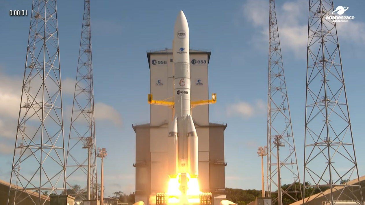 An Ariane 6 rocket launches 36 Amazon Leo satellites to orbit from French Guiana on June 17, 2026.
