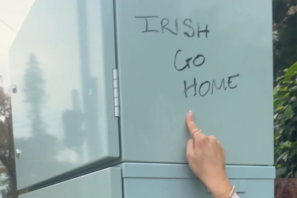 A message reading "Irish go home" was written on an electrical box in Randwick.