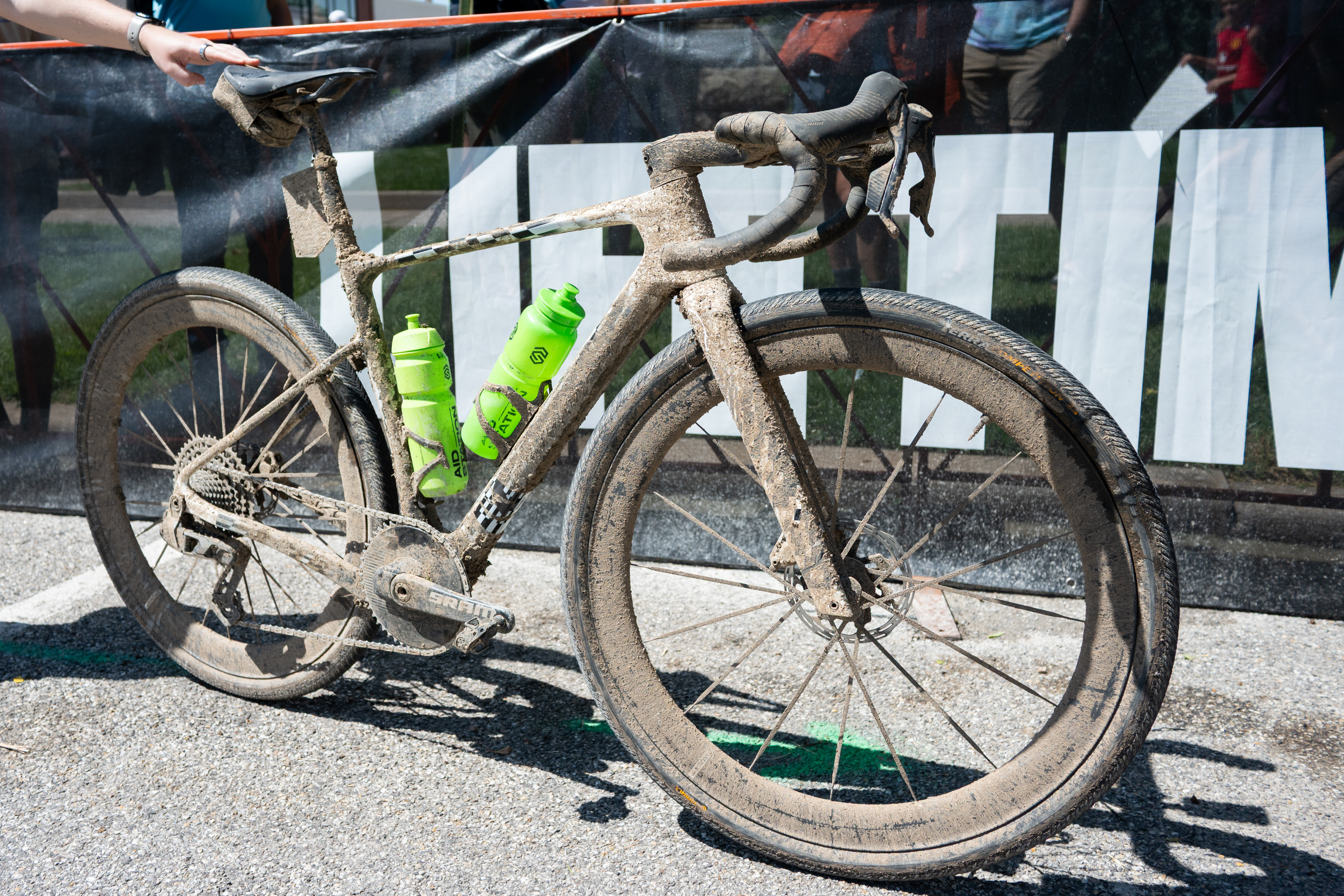 Photos of the bikes from the finish line of Unbound Gravel 2026