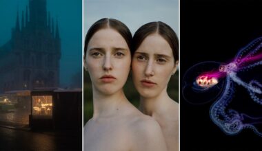 A triptych: left, a foggy night scene with a lit carousel by a tall building; center, two young women with neutral expressions pose closely together; right, a glowing jellyfish against a dark background.
