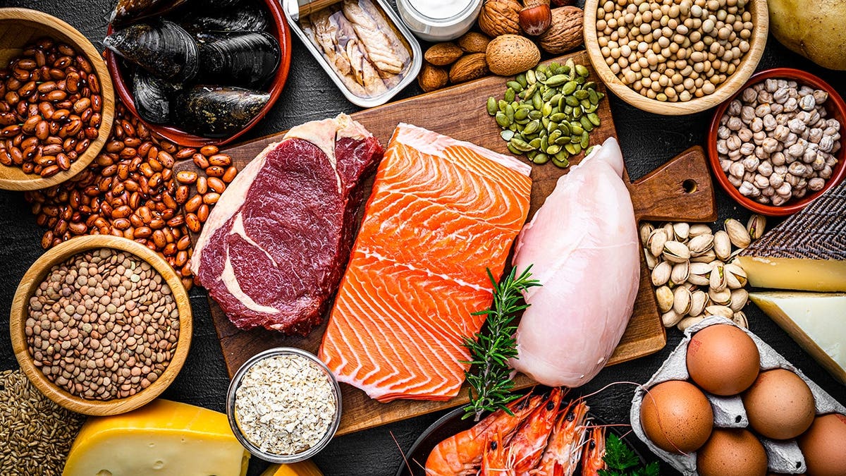 Overhead view of various high-protein foods including salmon, beef fillet, chicken breast, eggs, yogurt, and nuts.
