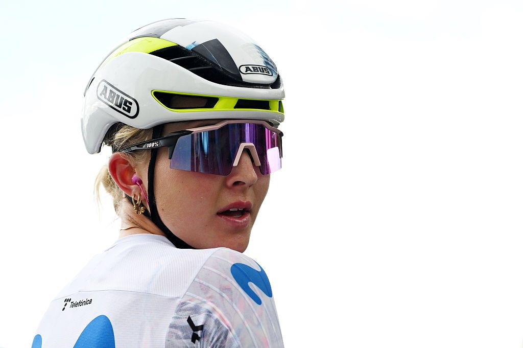 PAMPLONA, SPAIN - MAY 13: Race winner Cat Ferguson of Great Britain and Team Movistar reacts after the 6th Navarra Women&amp;apos;s Elite Classic 2026 a 133.4km one day race from Pamplona to Pamplona on May 13, 2026 in Pamplona, Spain. (Photo by Szymon Gruchalski/Getty Images)