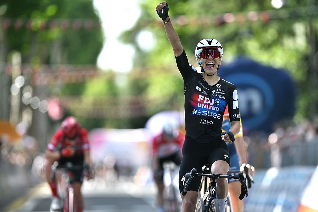 SALICE TERME, ITALY - JUNE 05: Celia Gery of France and Team FDJ United - SUEZ celebrates at finish line as stage winner during the 37th Giro d&amp;apos;Italia Women 2026, Stage 7 a 159km stage from Sorbolo Mezzani to Salice Terme / #UCIWWT / on June 05, 2026 in Salice Terme, Italy. (Photo by Luc Claessen/Getty Images)