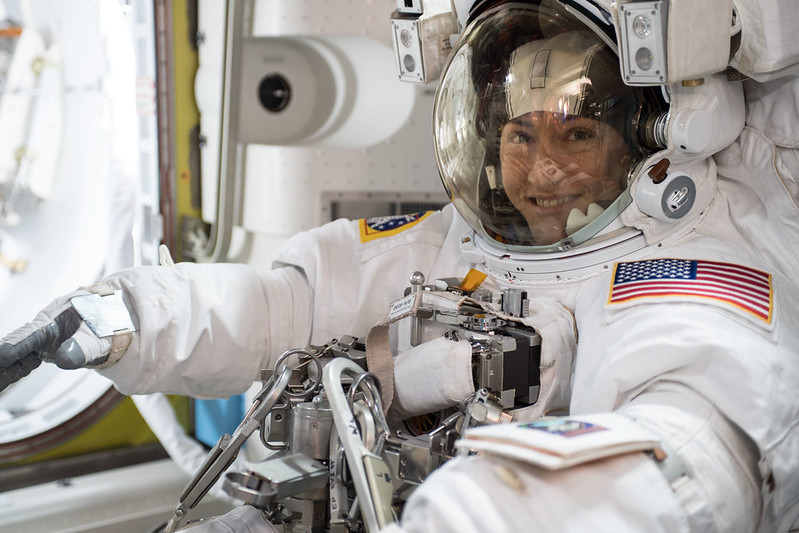 NASA astronaut Christina koch wearing a full spacesuit during a spacewalk in 2019