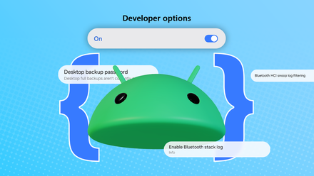 Illustration of Android Developer Options with a large Android mascot head in the center, surrounded by various toggle options, all set against a blue background with two large brackets on each side.