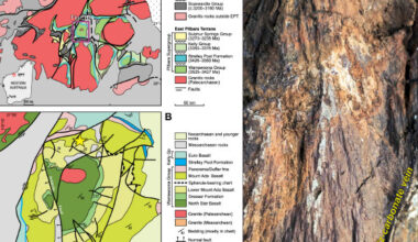 The North Pole Dome crater: (A) simplified map of the East Pilbara Terrane (EPT, Western Australia), showing Paleoarchean granite domes (pink) and greenstone belts (greens and blues); the North Pole Dome (NPD) lies near the terrane center; (B) geological map of the NPD and the shatter-cone field (yellow star); (C) A quartz (Qtz)-carbonate vein cutting shatter-cone lineation. Image credit: Kirkland et al., doi: 10.1130/G54866.1.
