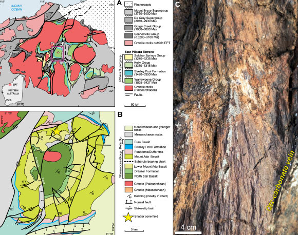 The North Pole Dome crater: (A) simplified map of the East Pilbara Terrane (EPT, Western Australia), showing Paleoarchean granite domes (pink) and greenstone belts (greens and blues); the North Pole Dome (NPD) lies near the terrane center; (B) geological map of the NPD and the shatter-cone field (yellow star); (C) A quartz (Qtz)-carbonate vein cutting shatter-cone lineation. Image credit: Kirkland et al., doi: 10.1130/G54866.1.