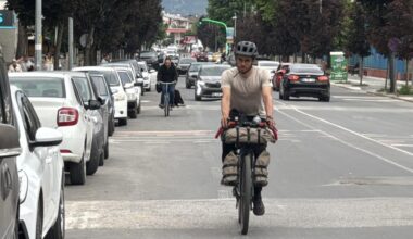 Italian traveler Federico Pagano cycles through Duzce during his long-distance bicycle journey from Milan to Tokyo, Türkiye, May 31, 2026. (AA Photo)