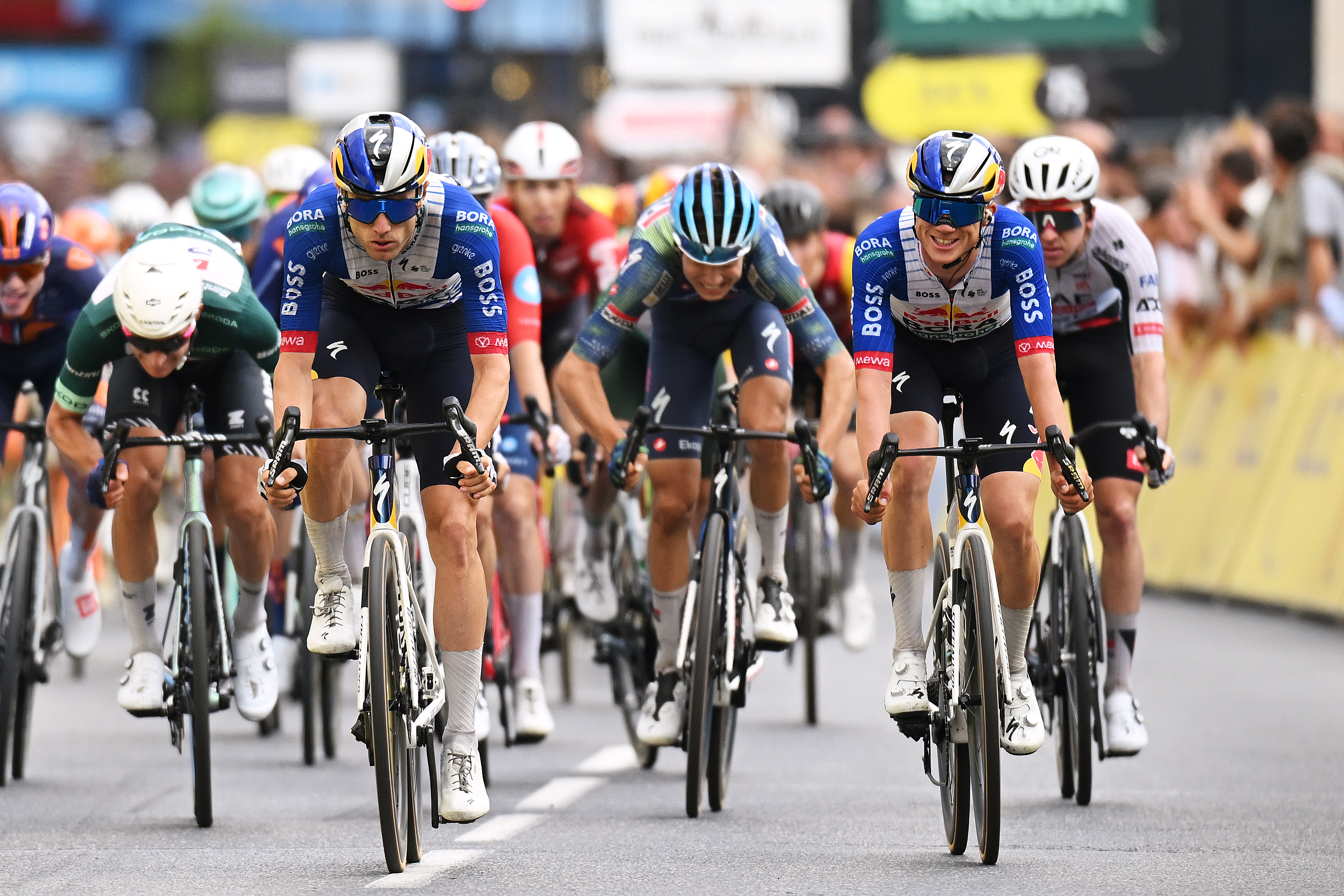 LE PUY-EN-VELAY, FRANCE - JUNE 08: (L-R) Finn Fisher-Black of New Zealand and Maxim Van Gils of Belgium and Team Red Bull - BORA - hansgrohe sprint at finish line during the 78th Tour Auvergne-Rhone-Alpes 2026, Stage 2 a 234.3km stage from Saint-Martin-le-Vinoux to Le Puy-en-Velay 624m / #UCIWT / on June 08, 2026 in Le Puy-en-Velay, France. (Photo by Dario Belingheri/Getty Images)