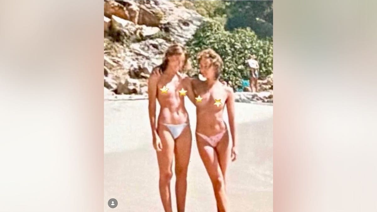 A blurred picture of Jennifer Grey and Tracy Pollan topless on the beach together when they were younger.