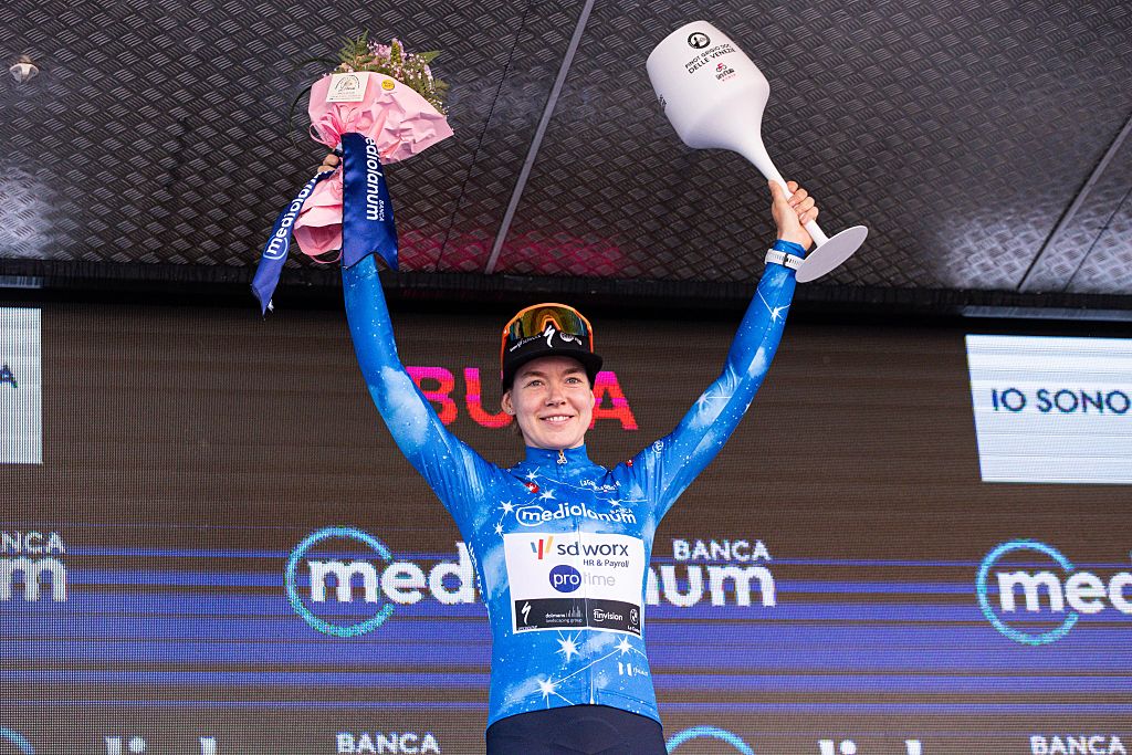 Anna Van Der Breggen of TEAM SD WORX - PROTIME wears the Blue Jersey after the 3rd Stage of the 37th Giro d'Italia Women, a 156km stage from Bibione to Buja, in Italy, on June 1, 2026. (Photo by Tommaso Berardi/NurPhoto)