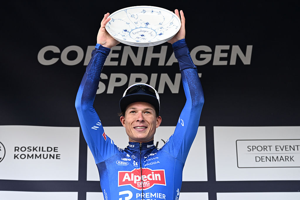 COPENHAGEN, DENMARK - JUNE 14: Jasper Philipsen of Belgium and Team Alpecin-Premier Tech celebrates at podium as race winner during the 2nd Copenhagen Sprint 2026 - Men&amp;apos;s Elite a 228.2km one day race from Roskilde to Copenhagen / #UCIWT / on June 14, 2026 in Copenhagen, Denmark. (Photo by Luc Claessen/Getty Images)