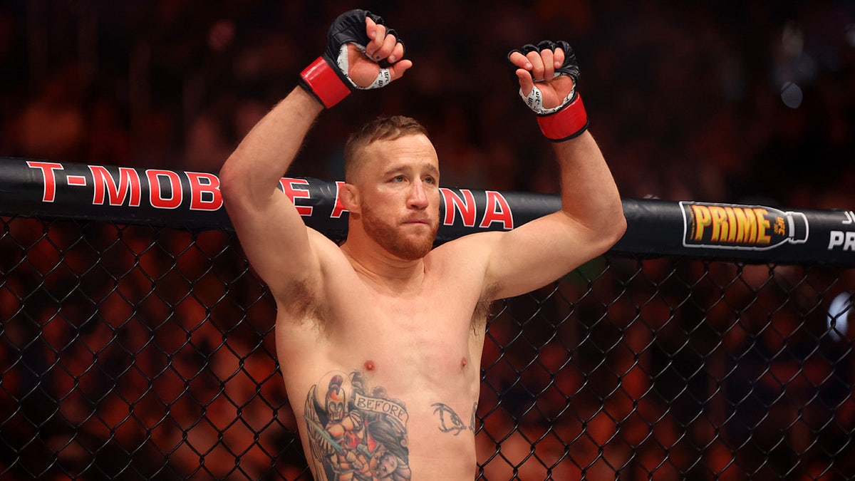 Justin Gaethje looking on during UFC 300 at T-Mobile Arena