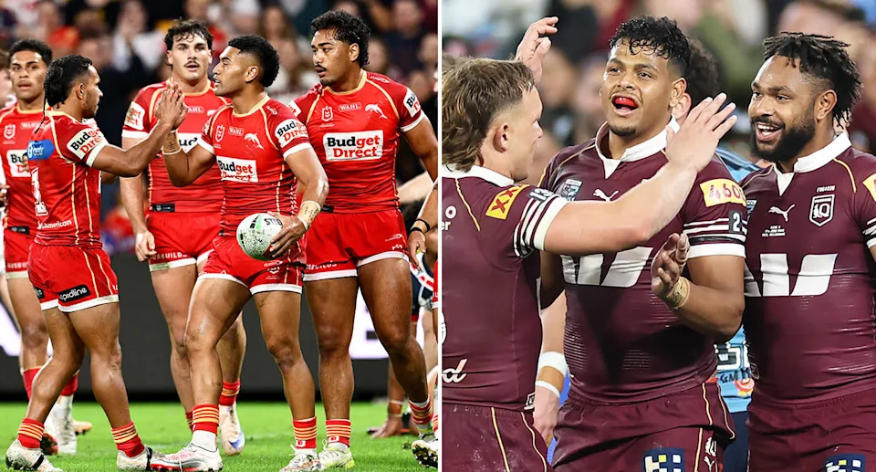 On the left is Dolphins halfback Isaiya Katoa and Maroons players Selwyn Cobbo and Hamiso Tabuai-Fidow on right.