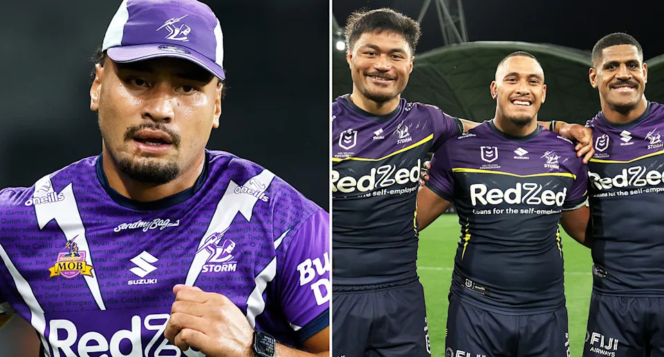 Pictured left is Eli Katoa and Storm teammate Tui Kamikamica on far right.