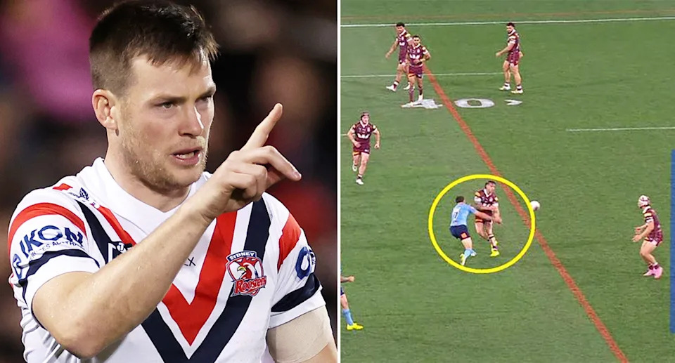 Roosters great Luke Keary (L) pointed to a number of uncharacteristically poor defensive reads from Nathan Cleary (R) as evidence of bigger issues for the Blues' Origin side. Pic: Getty/Fox League
