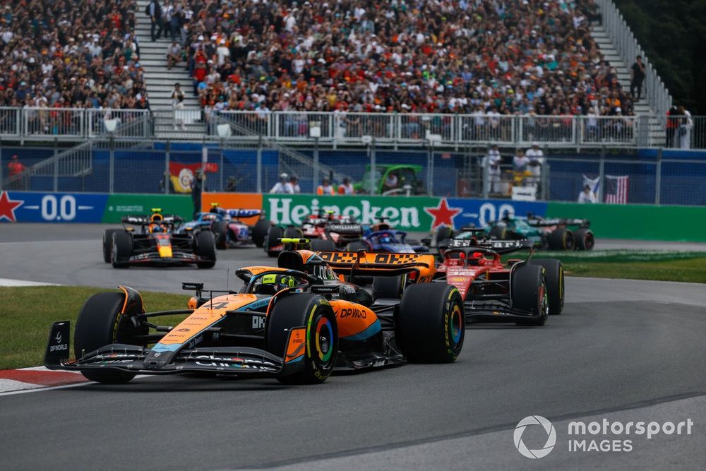 Lando Norris, McLaren MCL60, Charles Leclerc, Ferrari SF-23, Alex Albon, Williams FW45
