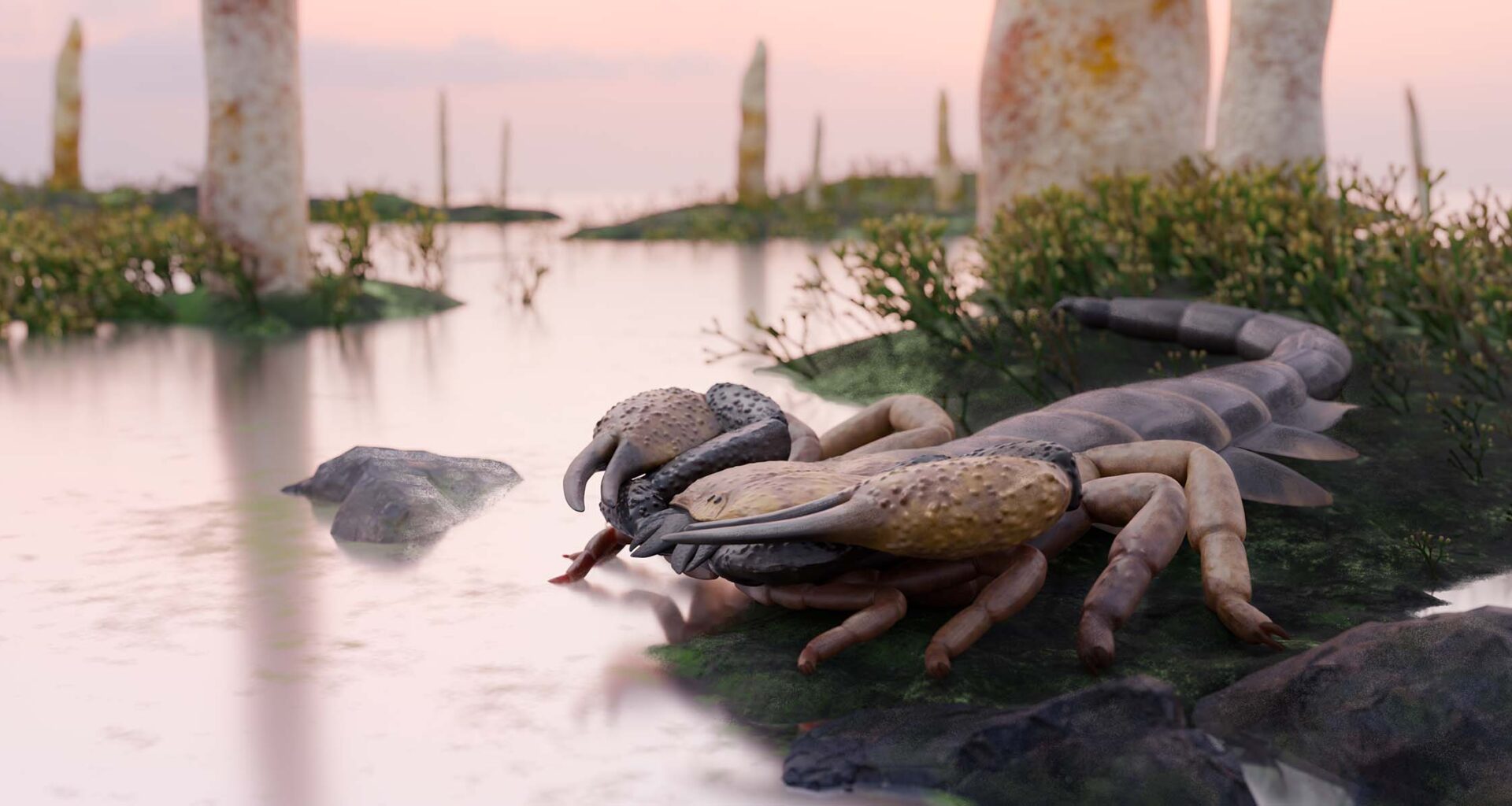 A reconstruction of Praearcturus gigas, a giant scorpion, on the banks of a pool.