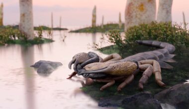 A reconstruction of Praearcturus gigas, a giant scorpion, on the banks of a pool.