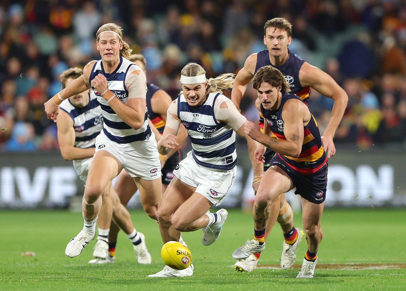 Bailey Smith and James Peatling chase the ball in the first quarter at the Adelaide Oval.