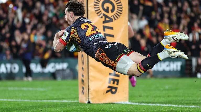 Leroy Carter of the Chiefs dives to score a try, Chiefs v Crusaders, semi final match of the 2026 Super Rugby Pacific rugby union competition at FMG Stadium, Hamilton.