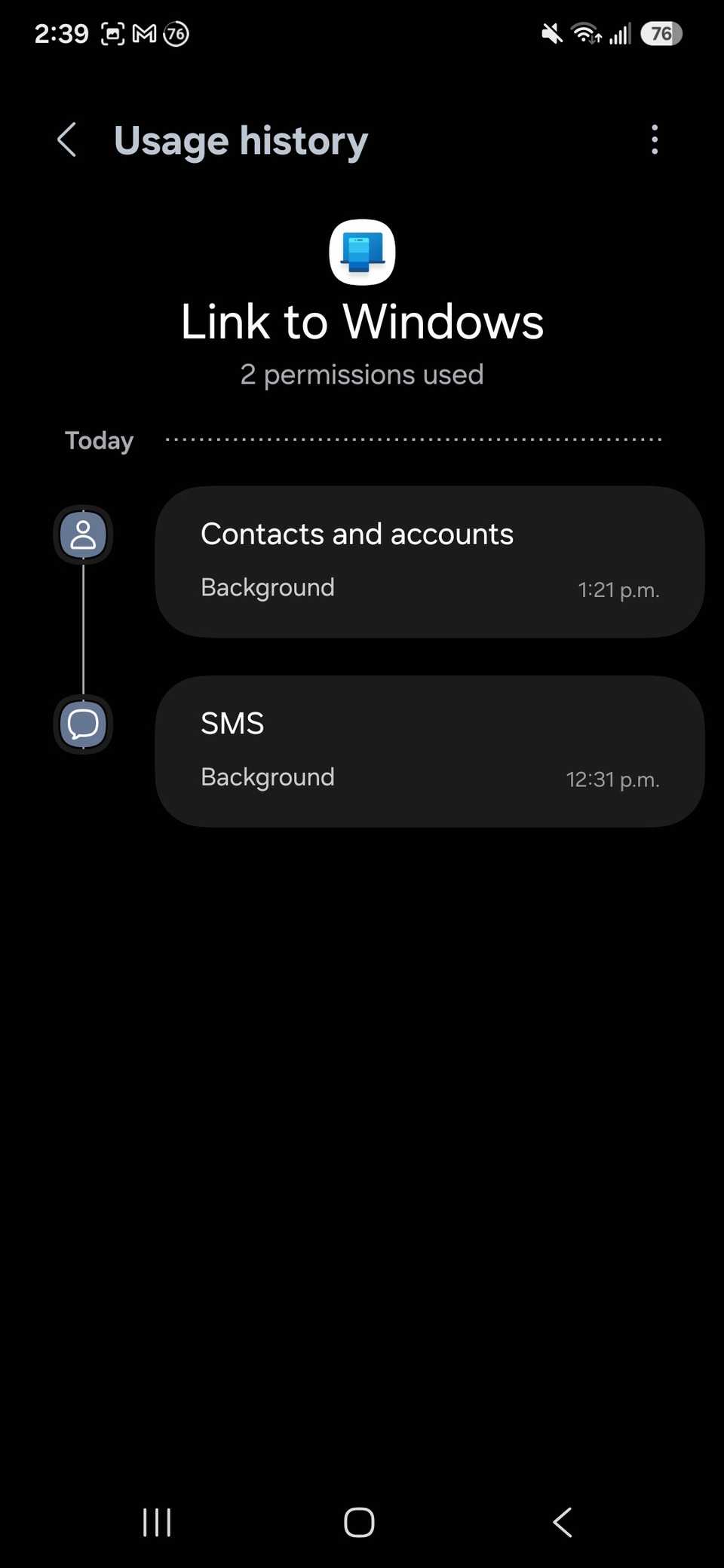 a list of permissions used by Link to Windows in the last 24 hours